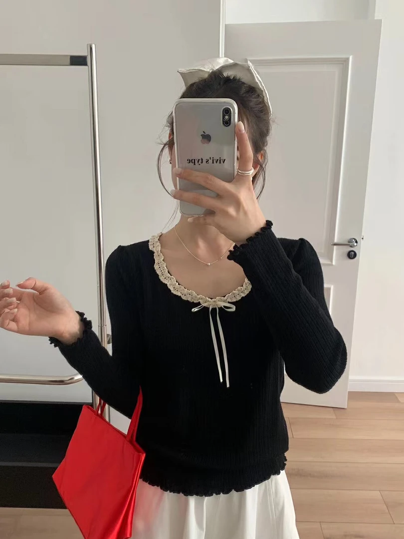 黑色高级感别致花边长袖针织衫2025春季新款百搭时尚遮肚遮肉上衣