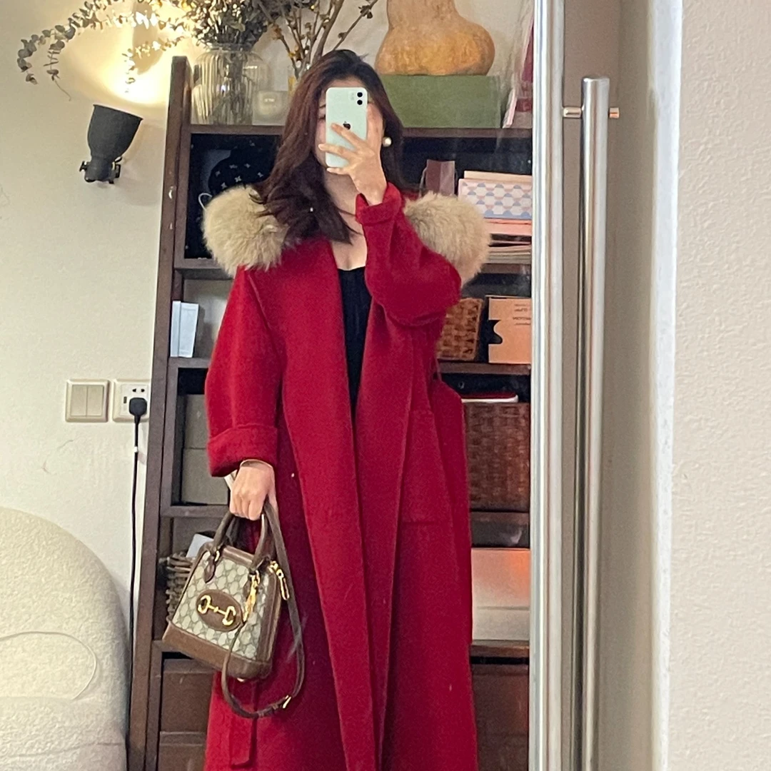 辛语【雪后初霁】红色100毛浴袍网红纯手工双面羊毛大衣