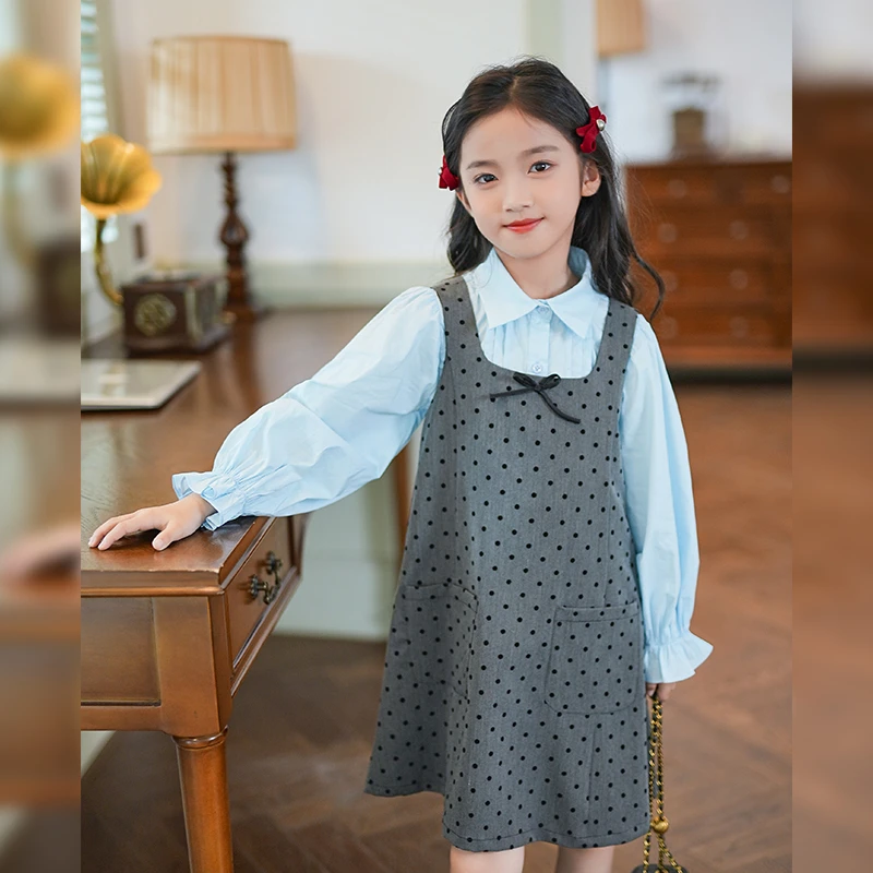 D24008春秋新款女童背带裙套装早春长袖衬衫搭配中大童装两件套