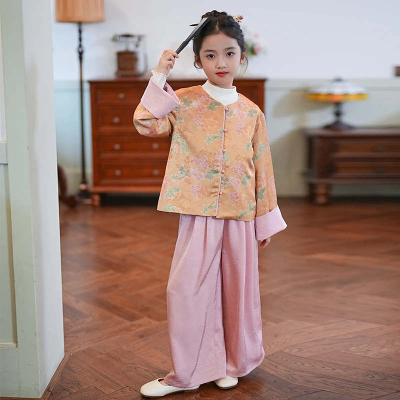 秋冬古风套装女童2025新款长袖复古秋季小女孩中式刺绣提花两件套