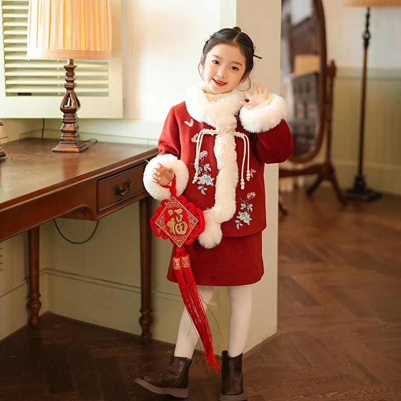 吉米家族【蝶梦】女童拜年服冬款儿童国风毛呢套装过新年衣服两件套