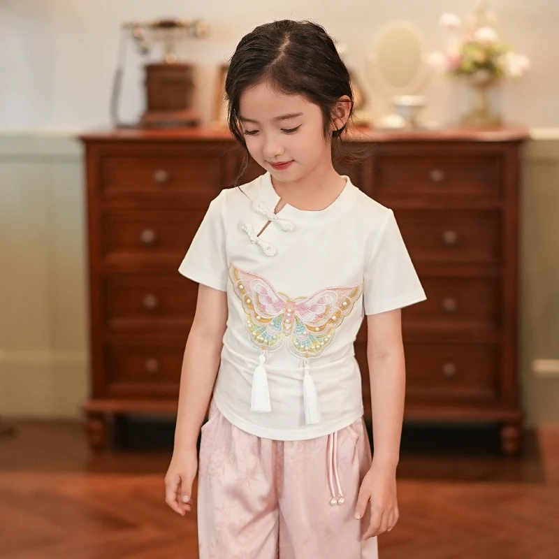 53346女童t恤2025新款小女孩夏装上衣洋气新中式国风刺绣短袖衣服