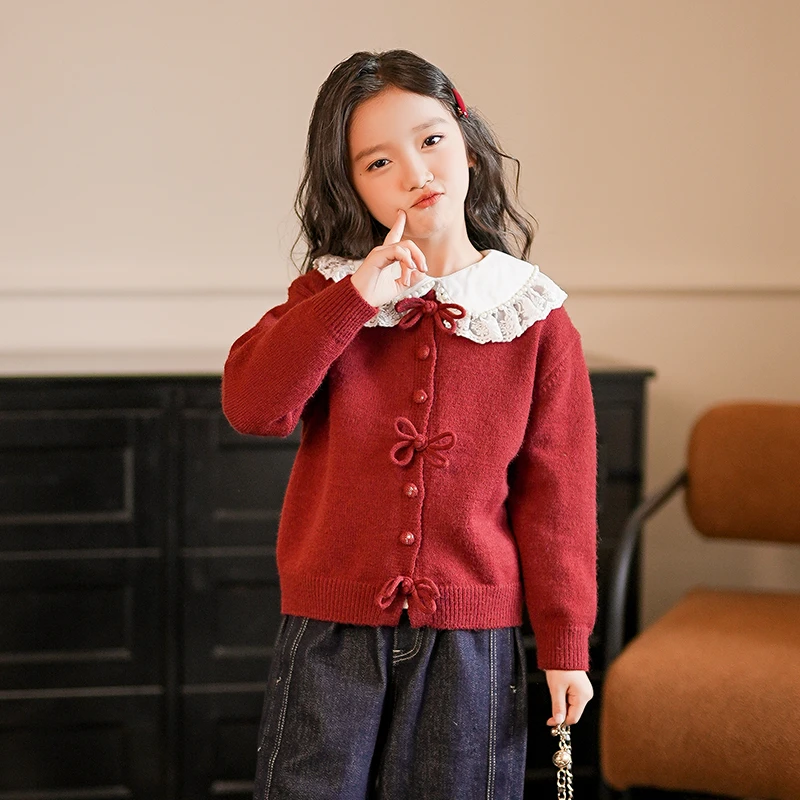 女童毛衣新中式盘扣纯色针织外套2025新款秋装中大童儿童开衫上衣