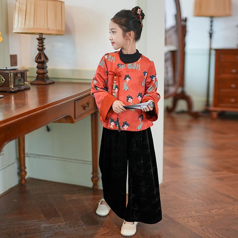 80317女童套装中式国风印花长袖衣服2025春款儿童古风唐装阔腿裤