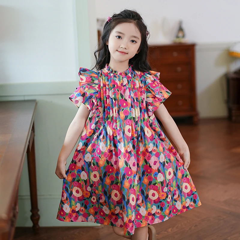 女童连衣裙2025新款夏度假风碎花短袖飞飞袖设计感原创儿童裙子