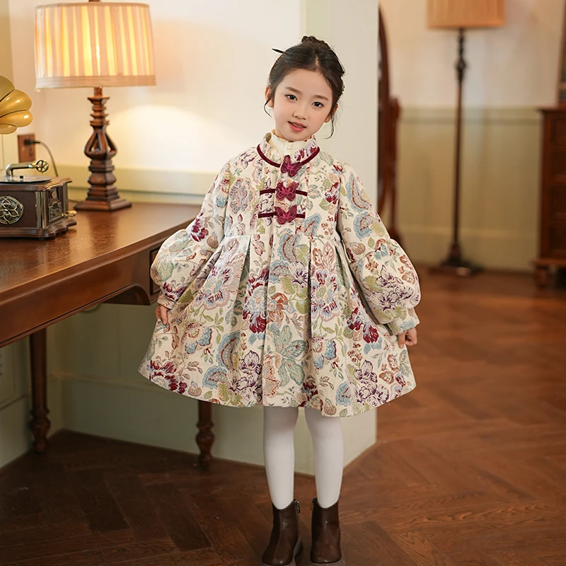 外套中国风夹棉衣服2024秋冬新款洋气复古儿童盘扣碎花大衣