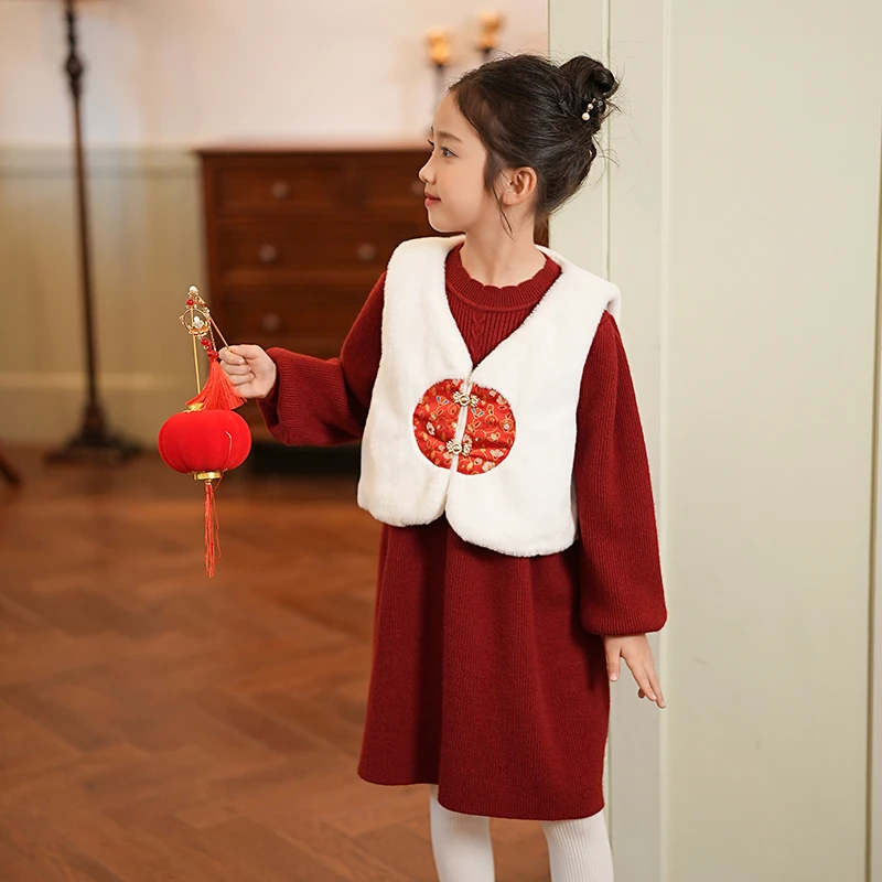 女童公主裙红色连衣裙拜年服中式国风马甲2025冬季新款儿童两件套