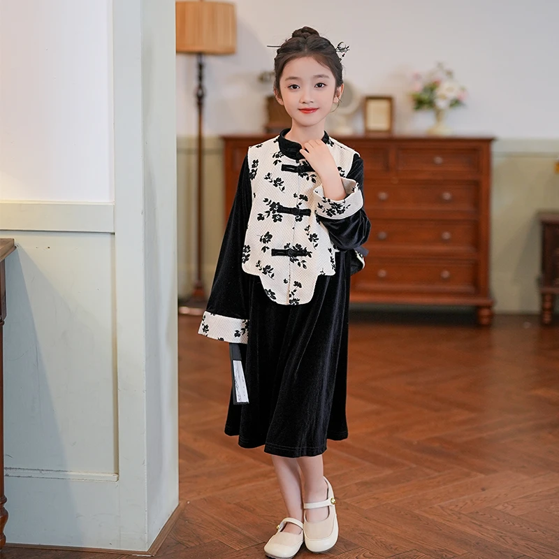 女童连衣裙国风套装2025春季新款小女孩古风水墨诗意马甲裙子童装