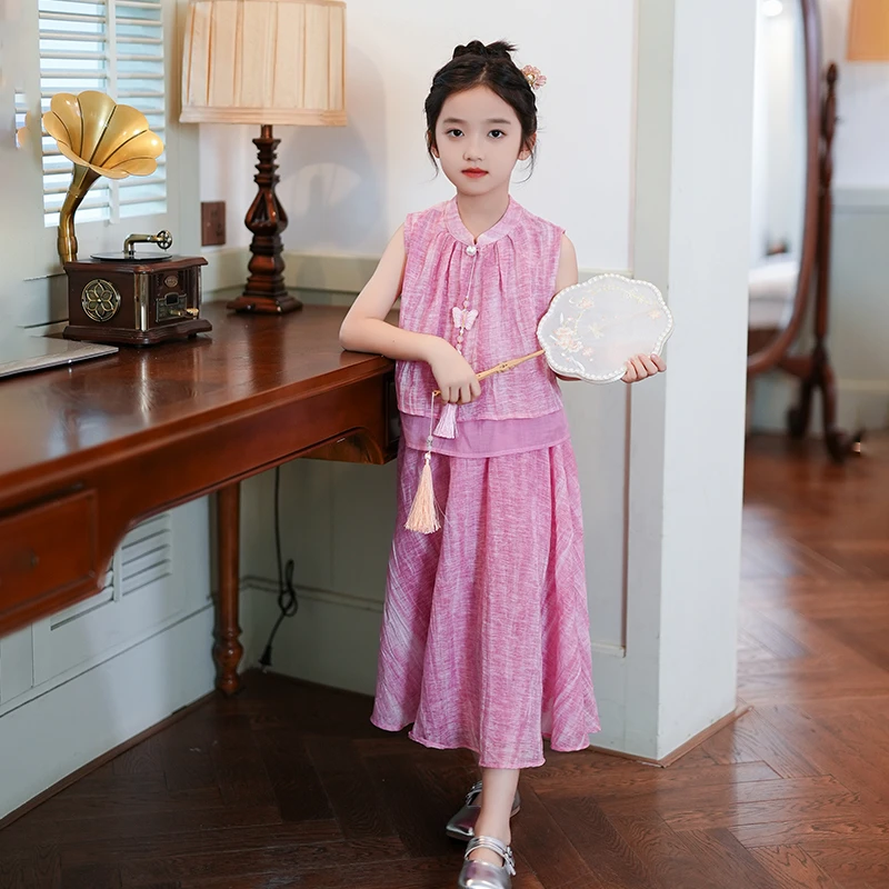 0769202女童套装夏新款新中式无袖上衣洋气显瘦半身裙国风汉服