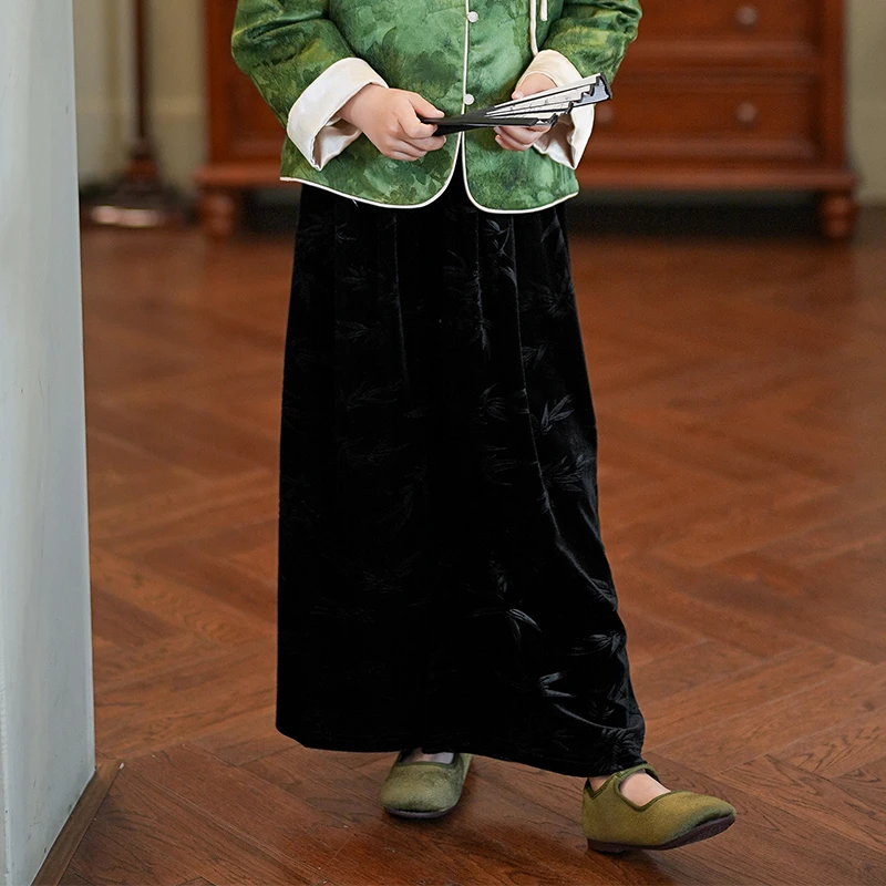 D24050女童黑色丝绒裤子2025春季洋气儿童装休闲直筒阔腿裤长裤