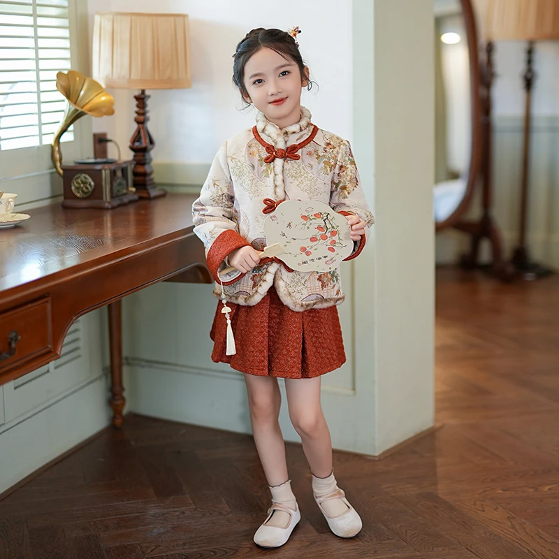 女童套装洋气新中式唐装外套2025秋冬新款洋气小女孩加厚上衣裙子