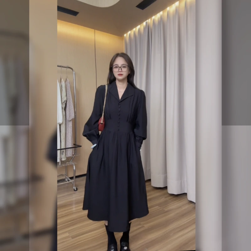小个子秋季女装连衣裙长袖轻奢时尚法式收腰遮肚子-071