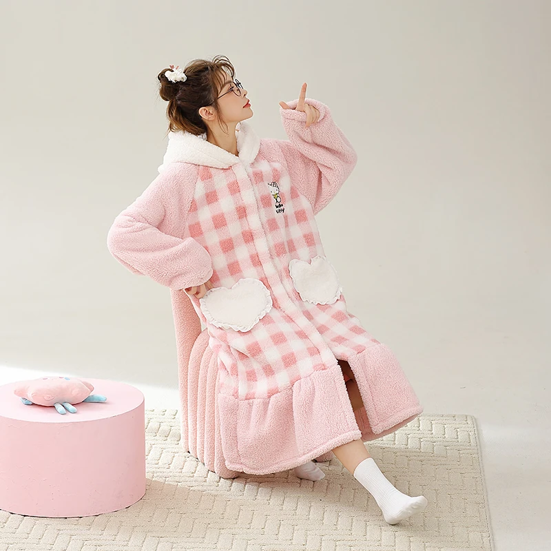 HelloKitty公主格子睡衣连帽加厚保暖学生睡袍加绒套装家居服浴袍