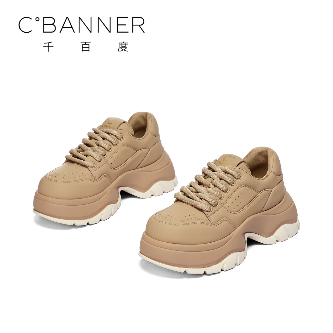 C.BANNER/千百度运动鞋2024春季新款孔面透气圆头系带百搭休闲鞋