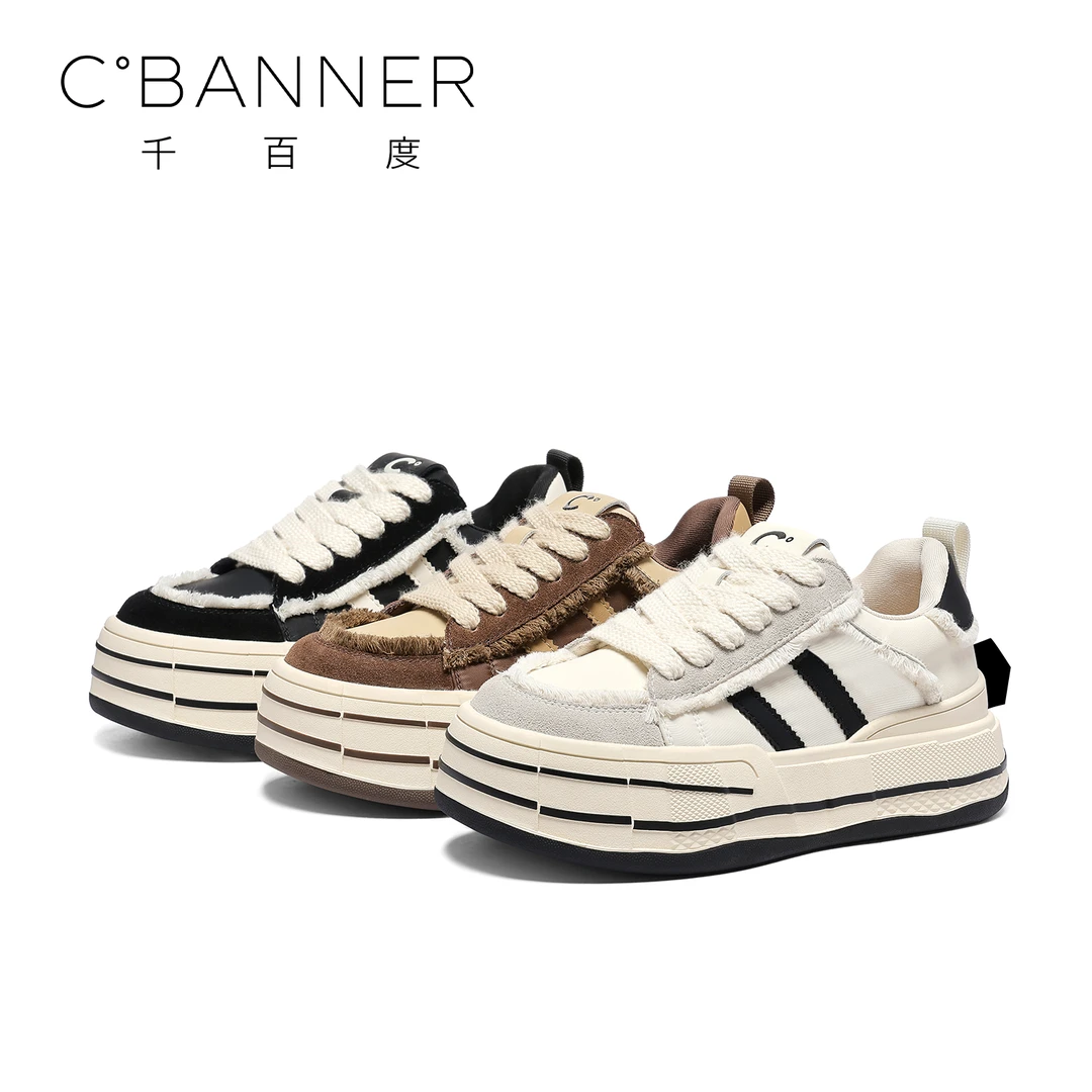 千百度休闲鞋2024女士时尚百搭毛边厚底透气板Q9334241