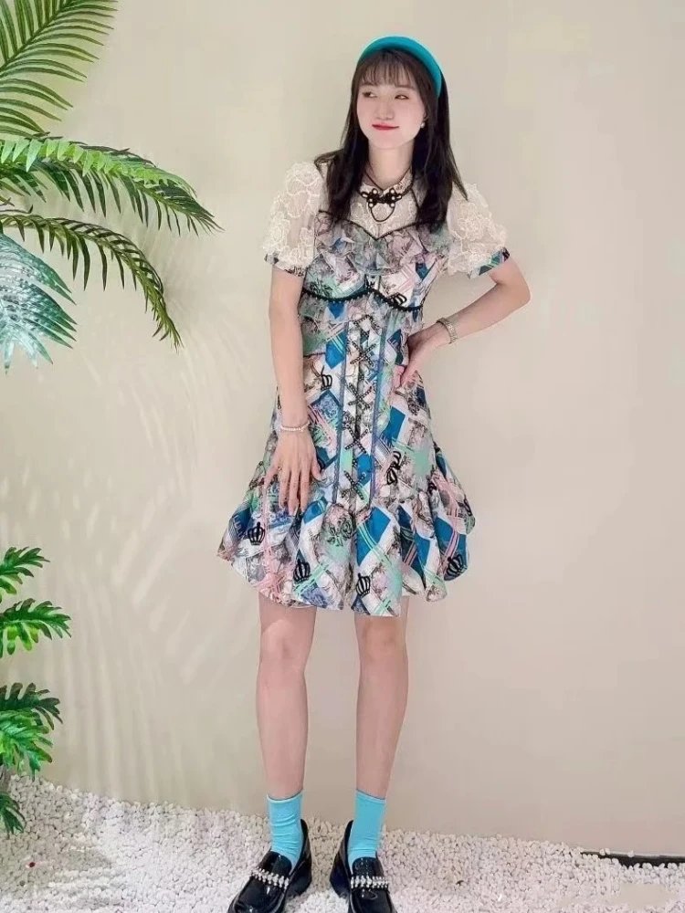 小灵家露露女装2024年夏季新款优雅气质淑女国风印花鱼尾裙连衣裙
