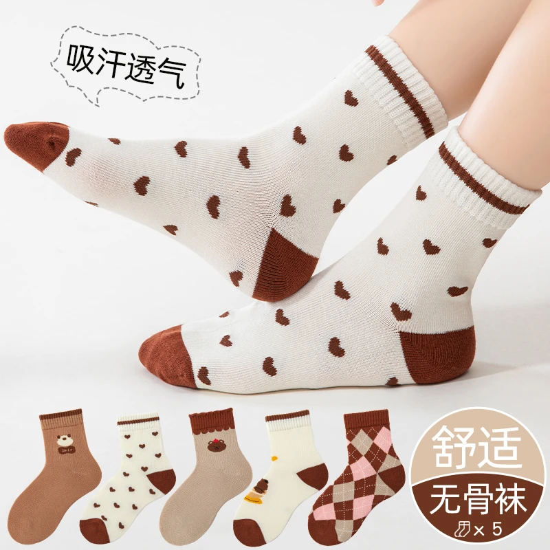 女童袜子春秋季中筒棉袜大童公主女孩咖色小熊袜韩版潮秋冬款女生