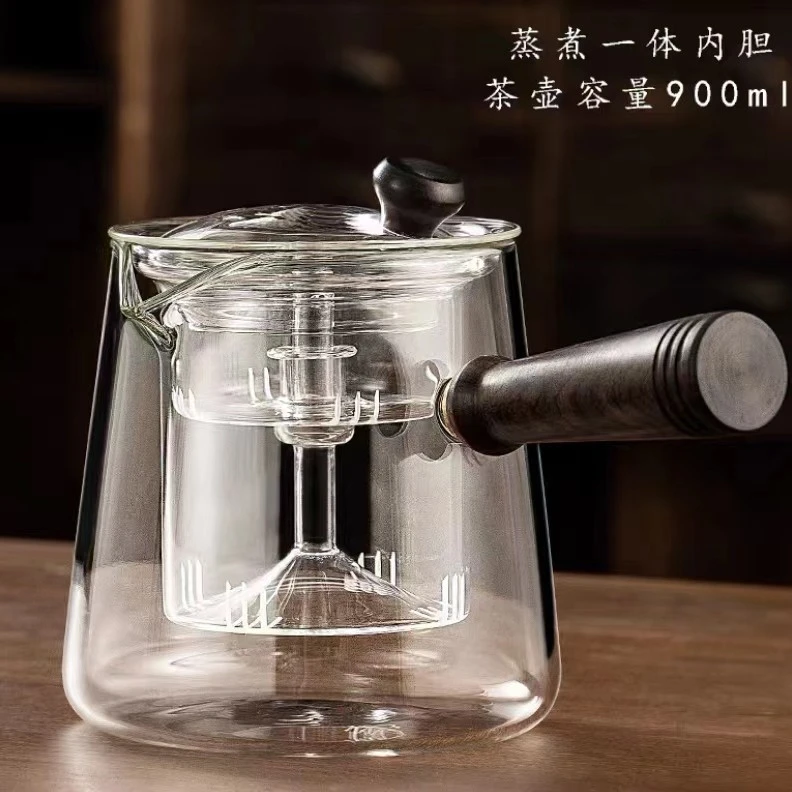 黑檀木侧把煮茶壶实木防烫壶蒸煮一体壶耐冷耐高温侧把煮茶壶玻璃