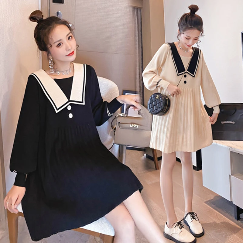 大码孕妇装娃娃领毛衣秋冬季学院风针织连衣裙韩版减龄上衣200斤