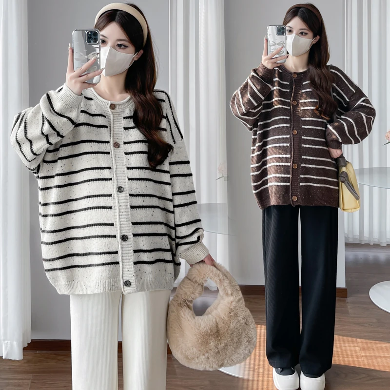 大码孕妇装秋冬款毛衣韩版条纹针织开衫中长款加厚宽松外套200斤