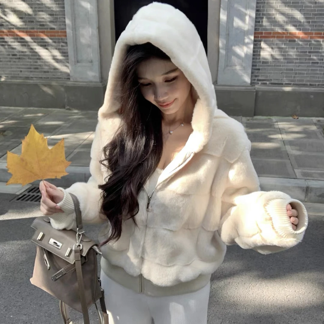 慵懒可爱连帽短外套杏色软糯秋冬厚外套