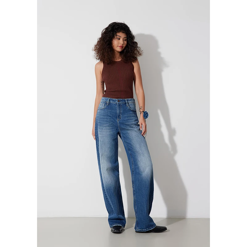 RUGOSAM「直筒系列」高腰女磨白修身拖地牛仔裤RB0396