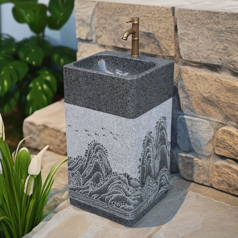 天然大理石材洗手盆一体户外立柱盆中式庭院水池台盆复古落地脸盆