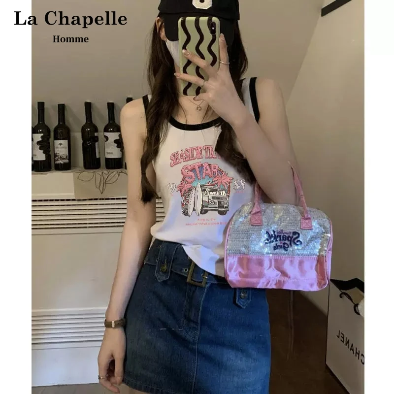 拉夏贝尔吊带背心打底百搭女士外穿撞色前后两穿紧身韩版无袖上衣