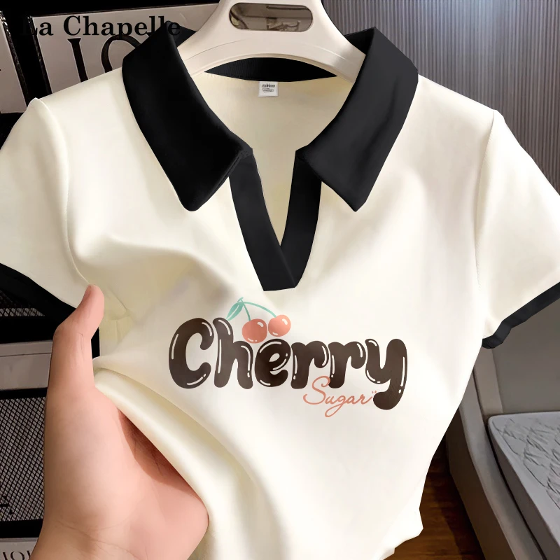 拉夏贝尔正肩t恤女装2025新款夏季撞色v领独特上衣超好看纯棉短袖