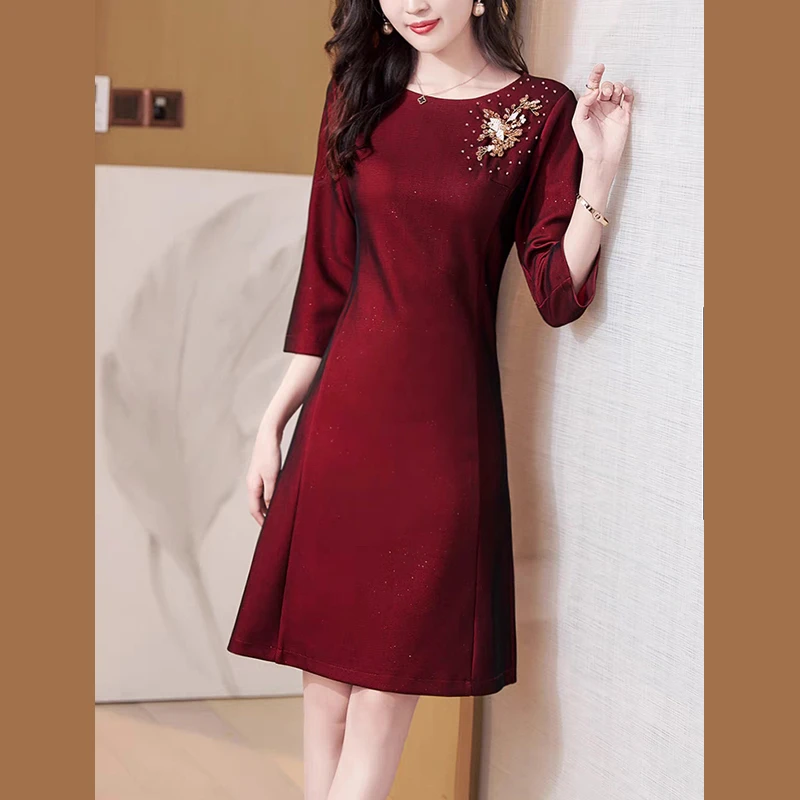 喜婆婆喜妈妈婚宴礼服秋冬小个子高贵洋气红色A字连衣裙丈母娘女