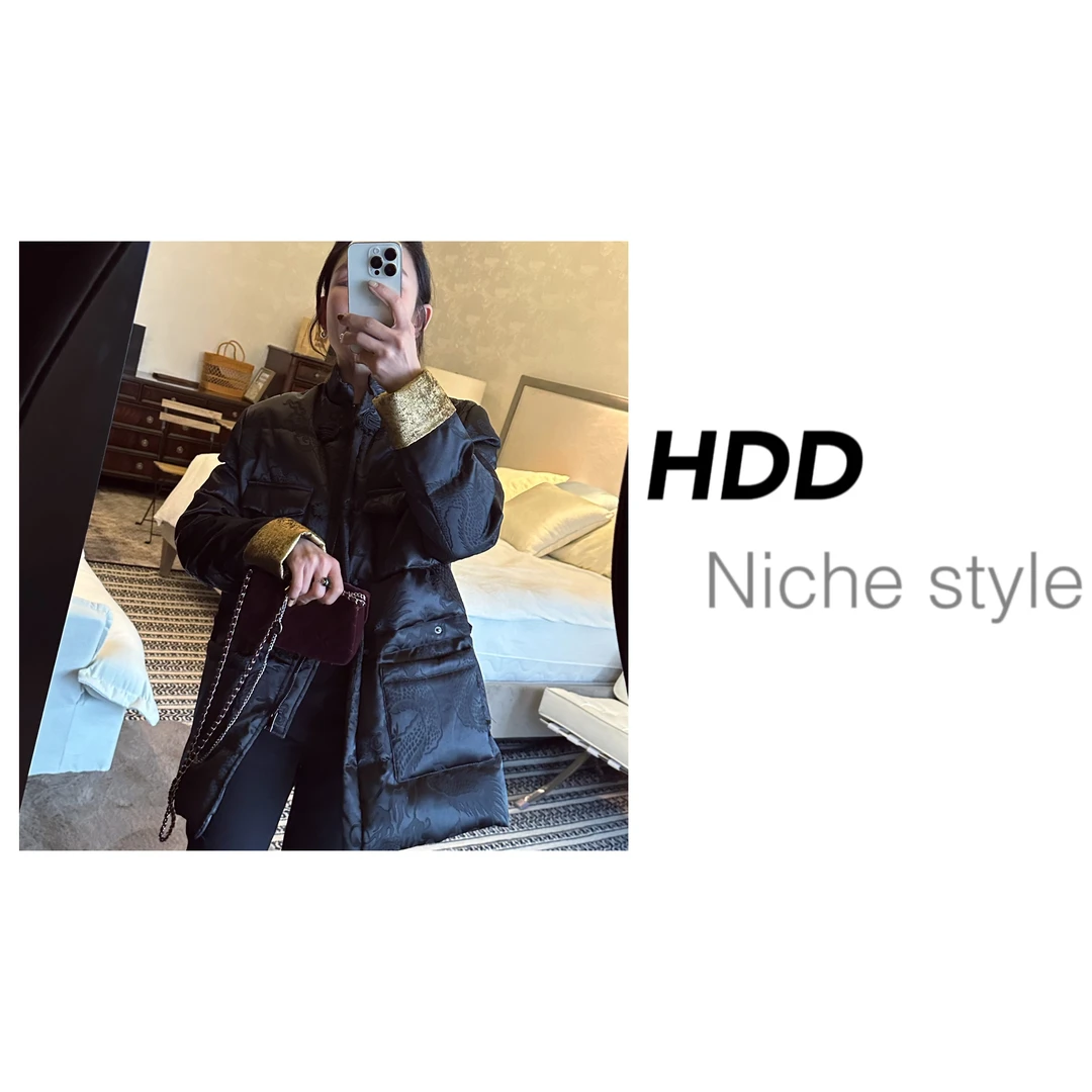 【HDD/侯點點】Y4602款白鸭绒国潮国风宽松黑金中式中长款羽绒服