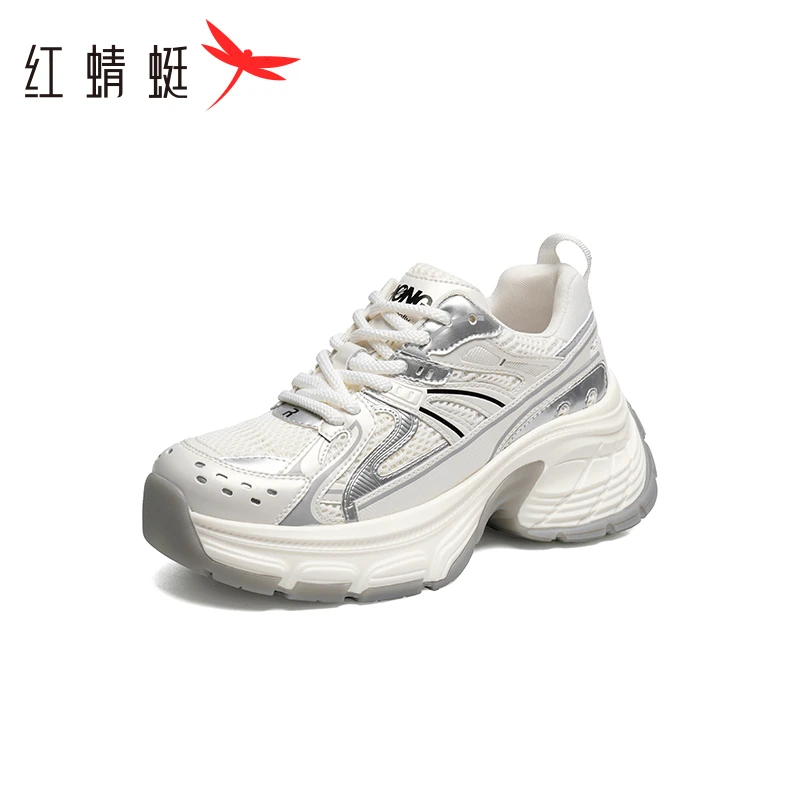红蜻蜓网面老爹鞋银灰色2024夏季新款女鞋厚底增高透气运动休闲鞋