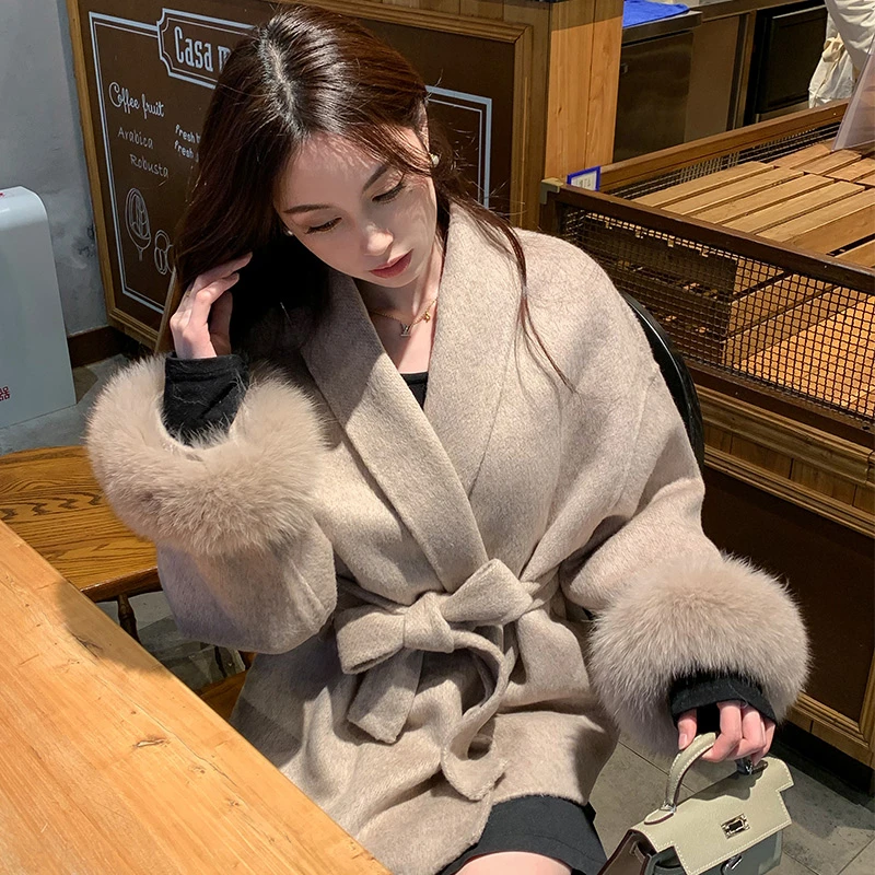 狐狸毛袖口可拆卸冬季小个子羊毛双面呢大衣气质网红韩版毛呢外套