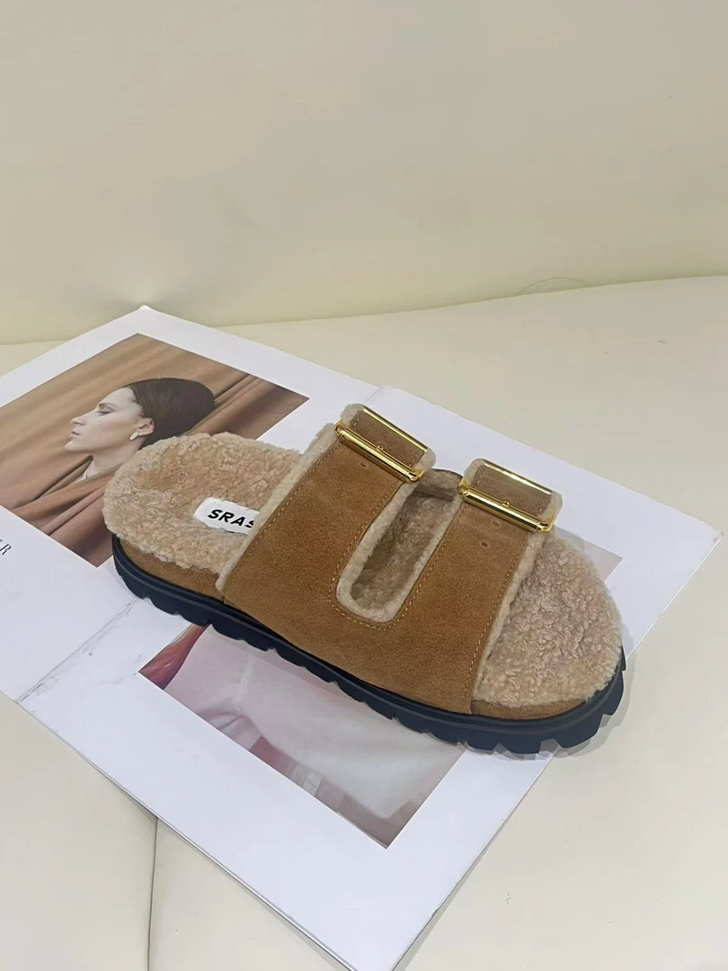 1339 2024秋新款真皮复古金属扣外穿毛毛拖鞋一字拖