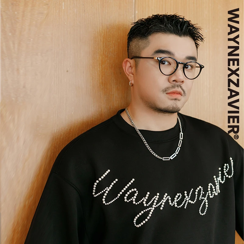 韦恩泽维尔大码钉珠圆领卫衣男秋季宽松加肥加大轻奢高级感8944