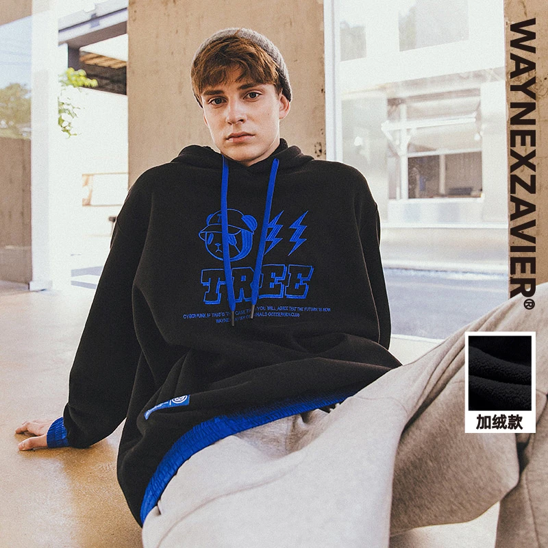 韦恩泽维尔大码连帽加绒卫衣男加厚冬季加肥加大美式街头潮牌8010