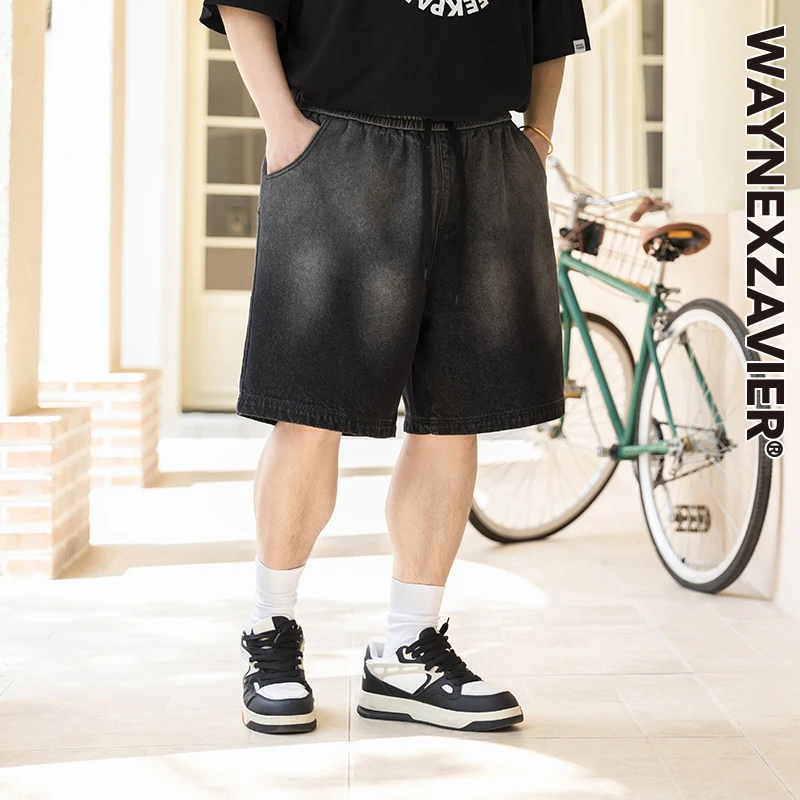 韦恩泽维尔大码渐变水牛仔短裤男宽松夏季休闲直筒五分裤子8733