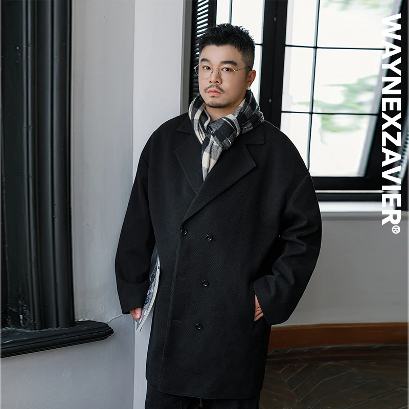韦恩泽维尔大码中长款毛呢大衣男宽松双排扣韩式风衣呢子外套8917
