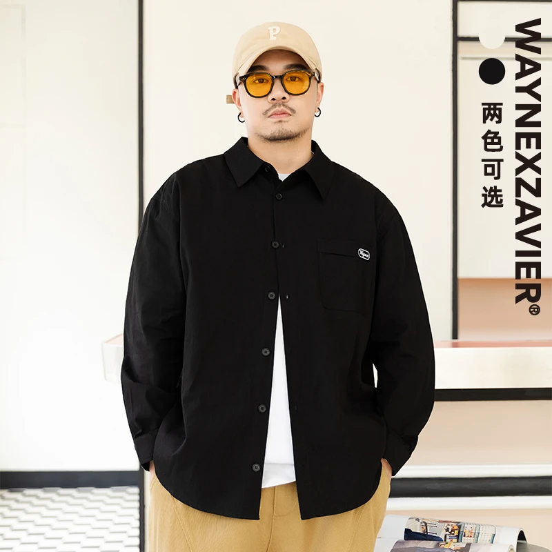 韦恩泽维尔大码黑色长袖衬衫男宽松春秋加肥加大日系打底衬衣8391