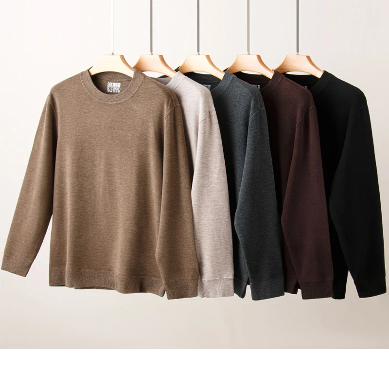 不含聚酯纤维男士腈纶半高领长袖保暖内衣圆领磨毛针织打底衫秋冬