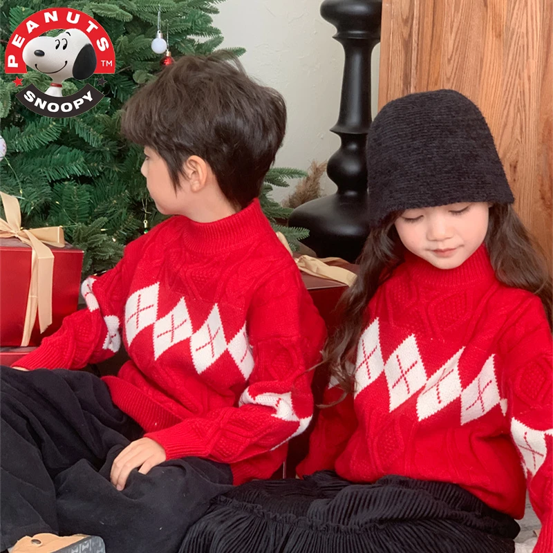 Snoopy/史努比2男女童毛衣儿童红色宝宝洋气秋冬款加厚保暖针织衫