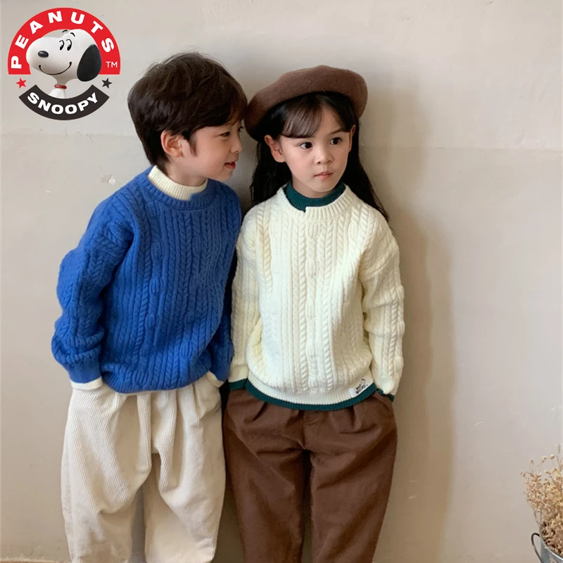 Snoopy/史努比红色男女童毛衣儿童女孩加厚宝宝加厚假两件针织衫