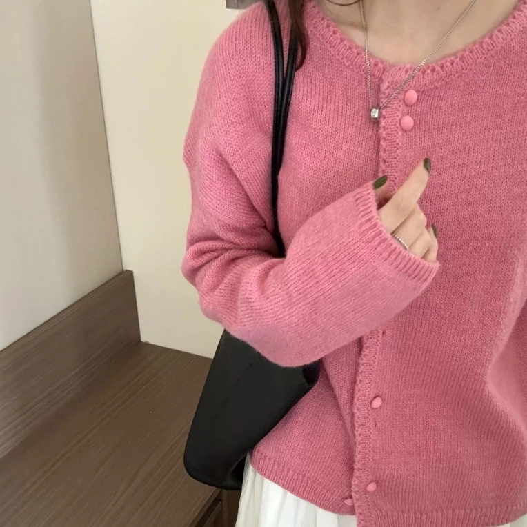 秋季新款 纯色双扣花边领宽松针织开衫