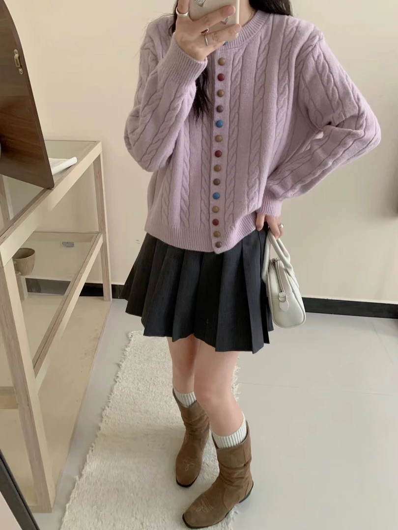 清仓 小个子新款显瘦亮丝麻花织开衫彩虹单排扣针织毛衣上衣