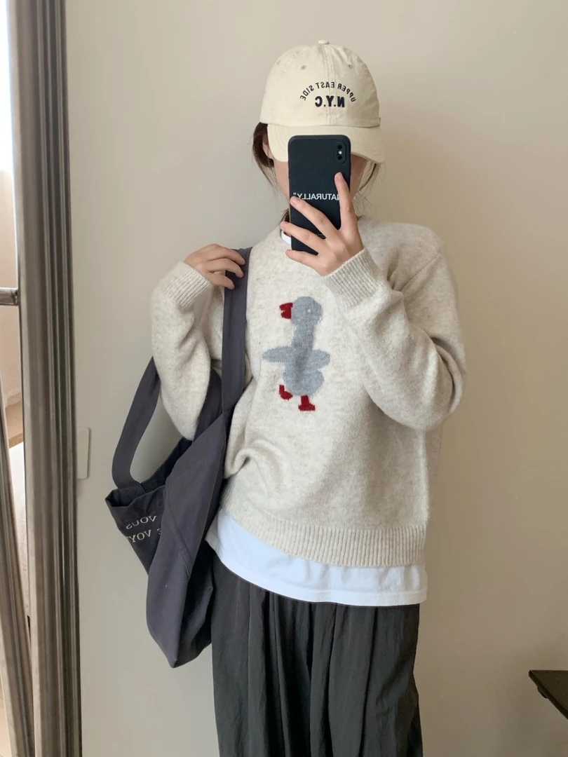 清仓韩系可爱跳舞鸭卡通针织毛衫减龄百搭慵懒风套头毛衣