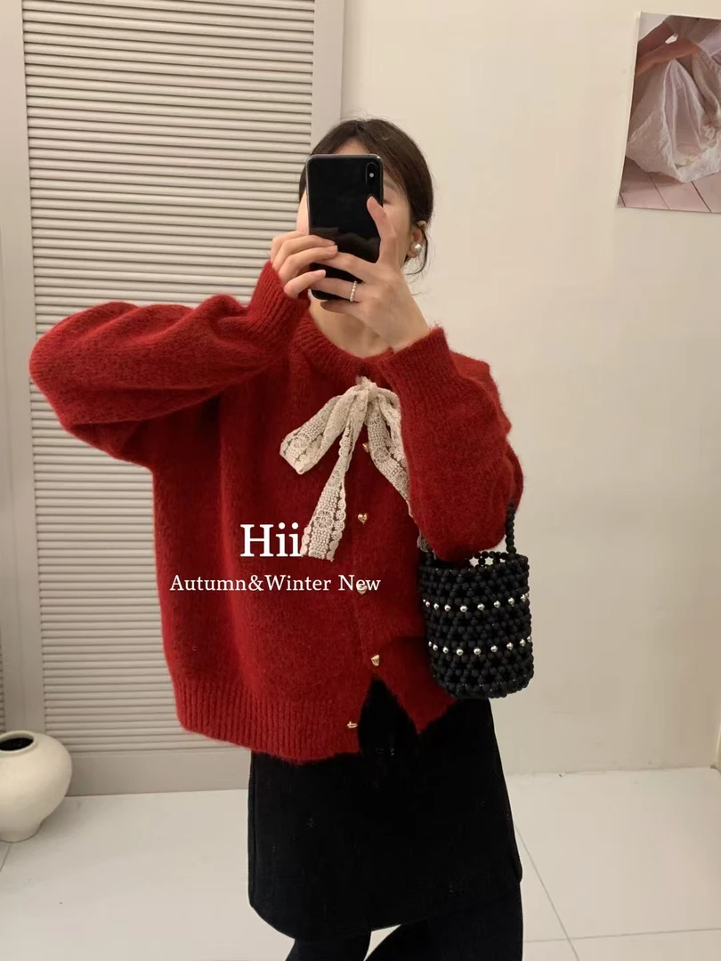 1重工蕾丝系带爱心纽扣款宽松针织衫开衫毛衣韩系
