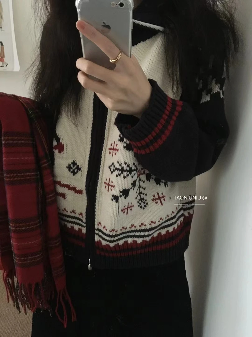 清仓 加厚秋冬可高领可翻领滑雪提花宽松拉链针织衫毛衣韩系撞色