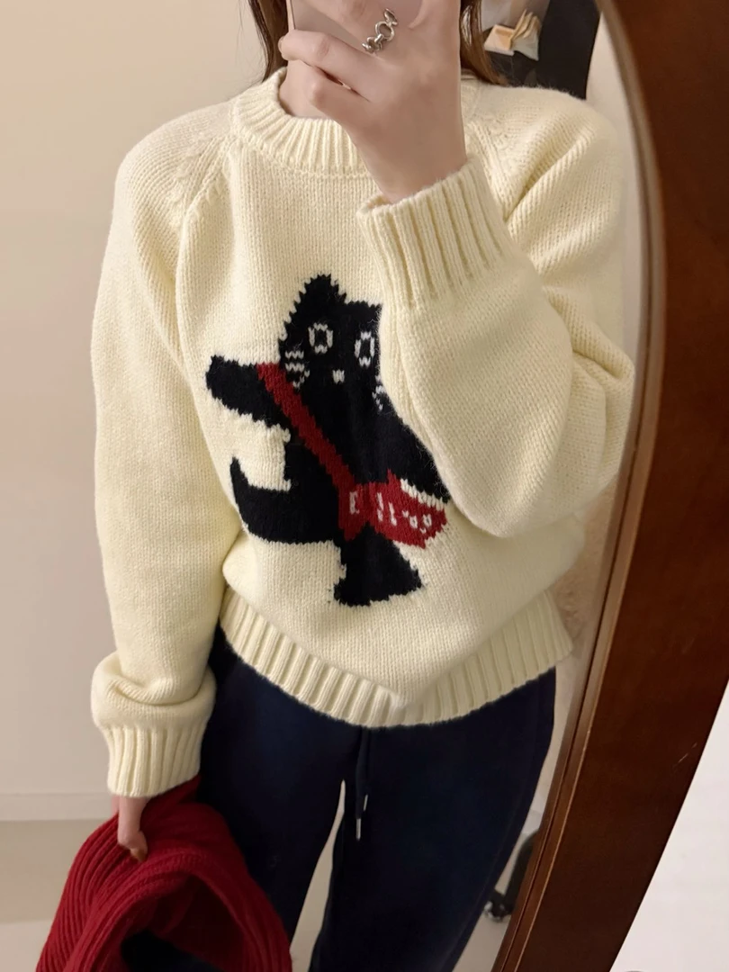 加厚散步猫卡通提花加厚套头针织衫毛衣