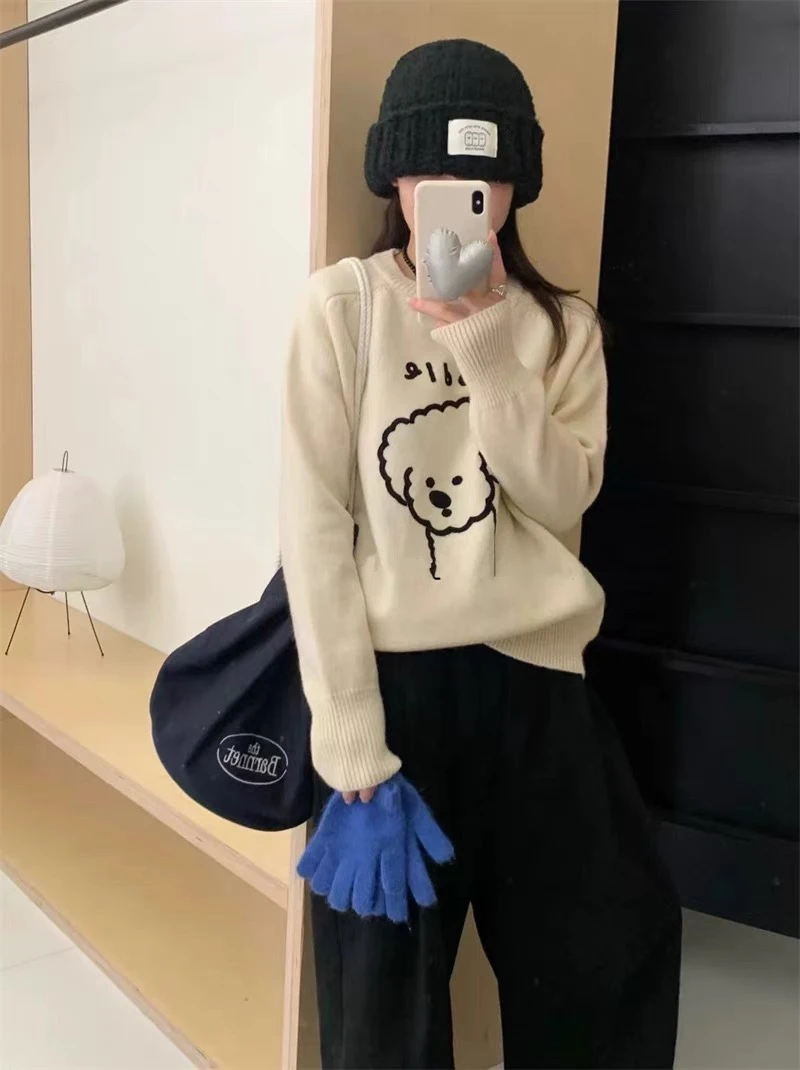 韩系小绵羊刺绣中长款宽松毛衣针织衫打底衫