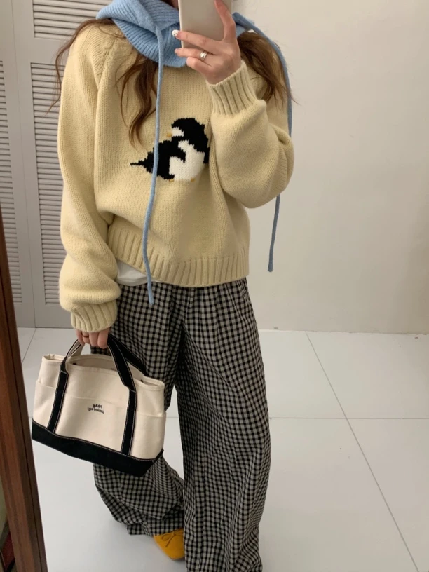 加厚北欧风小企鹅秋冬韩版甜美长袖毛衣百搭上衣